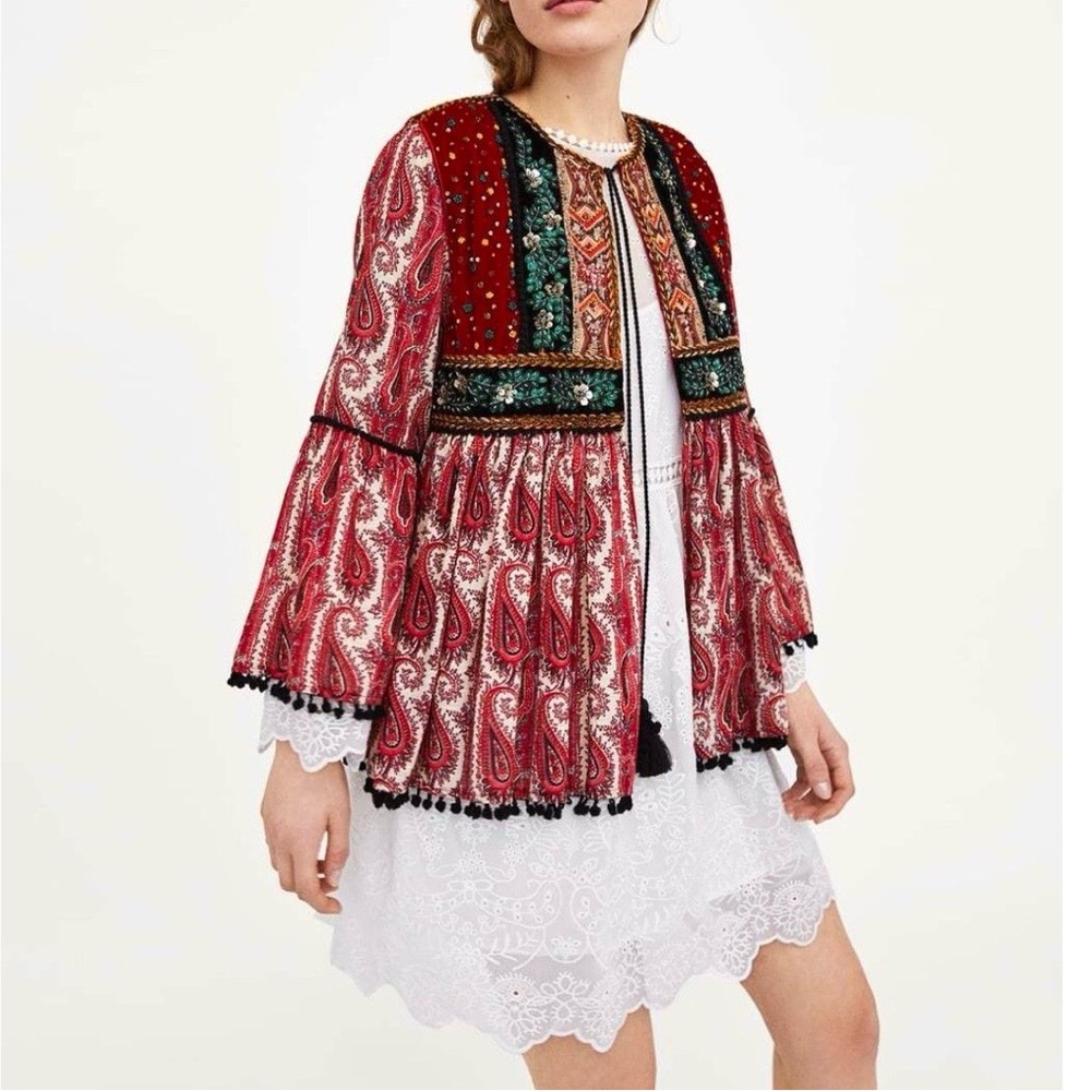ZARA Paisley Velvet Embellished Boho Topper Jacket L Bell Sleeve Boho Maximalist - Picture 15 of 16